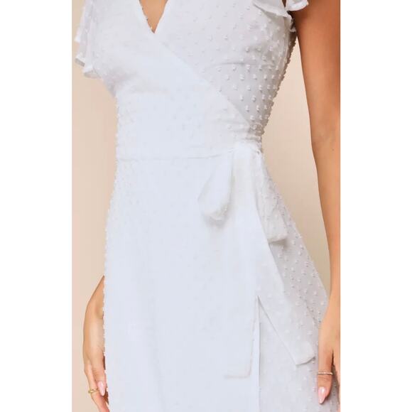 Lulus Much to Celebrate White Swiss Dot Flutter Sleeve Wrap Mini Dress XL - Picture 3 of 9